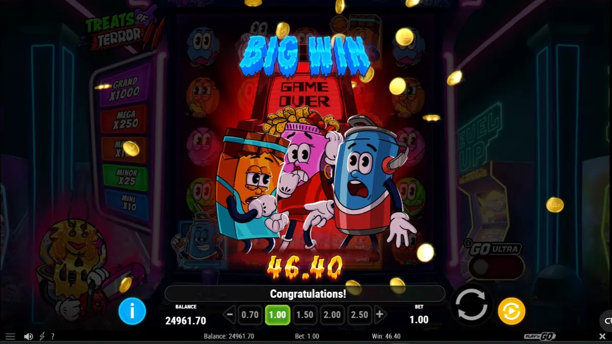 Interface neon vibrante do slot Treats of Terror 2 da Play’n GO