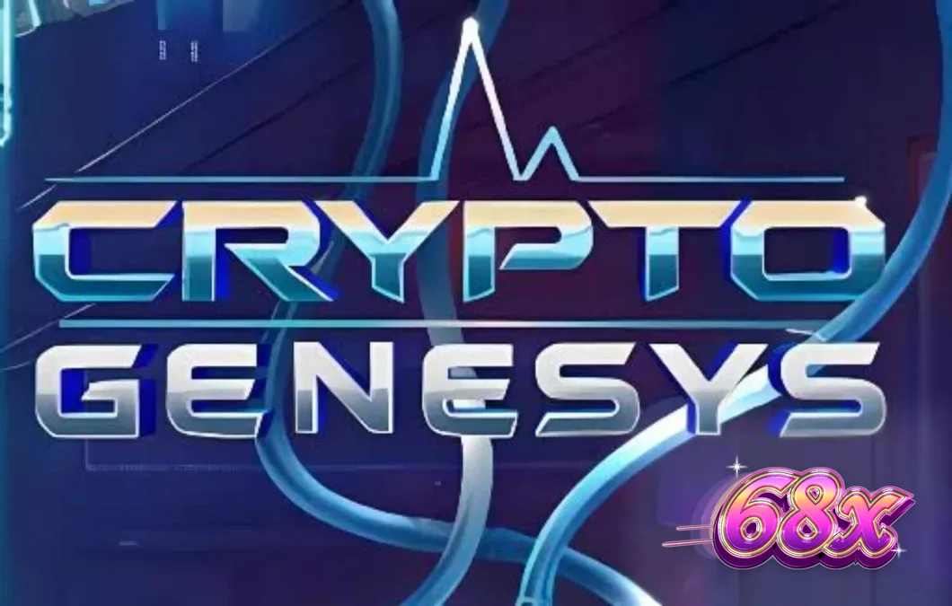 Interface futurista do jogo de slot Crypto Genesys com luzes neon e símbolos de criptomoedas.